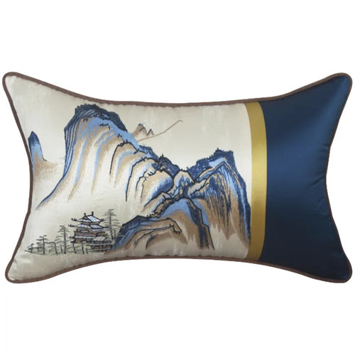Chinese Mountain embroidered throw pillow cover by The Finishing Touch Decor, featuring a detailed Chinese scene embroidery.