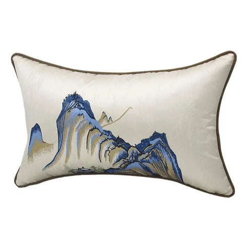 Chinese Mountain embroidered throw pillow cover by The Finishing Touch Decor, 45x45cm, featuring chinoiserie Chinese scene embroidery.