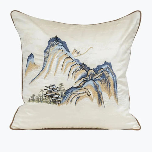 Chinese Mountain embroidered throw pillow cover by The Finishing Touch Decor, featuring a detailed Chinoiserie Chinese scene design.