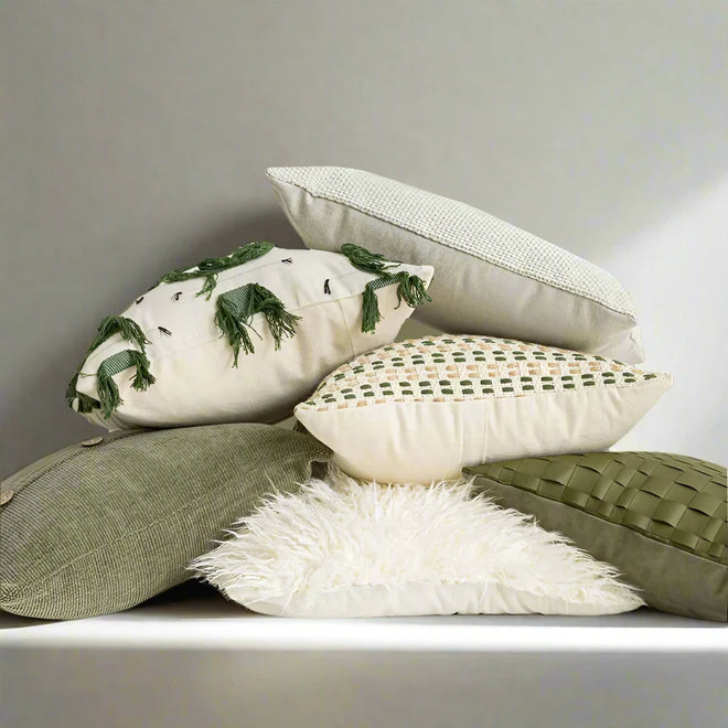 Olive green textured throw pillow cover from The Finishing Touch Decor, 45x45cm, contemporary Nordic style.