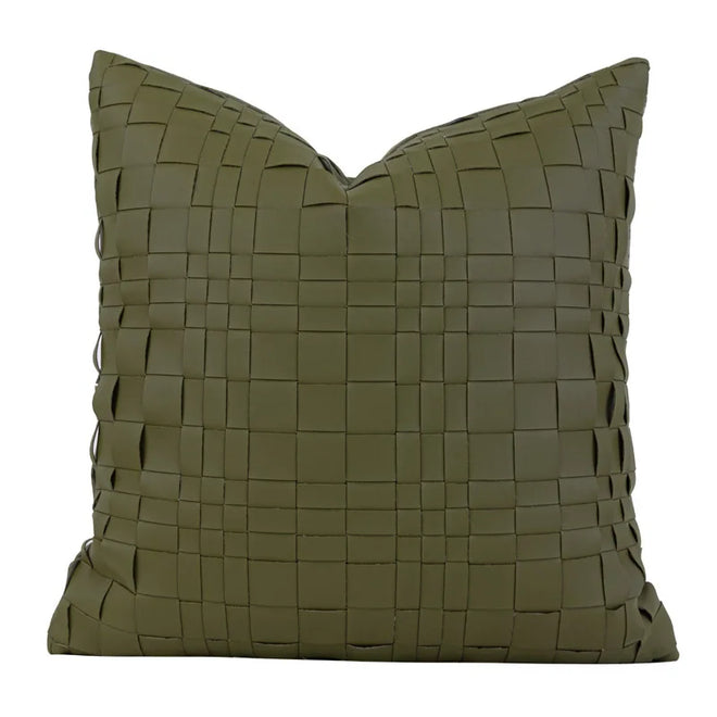 Olive green textured throw pillow cover from The Finishing Touch Decor, 45x45cm, contemporary Nordic style, soft fabric.