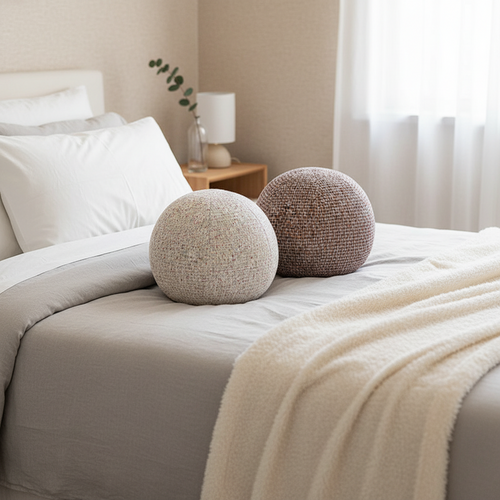 Round luxury tweed ball cushion pillow, spherical throw pillow with textured fabric, ideal for stylish home decor.
