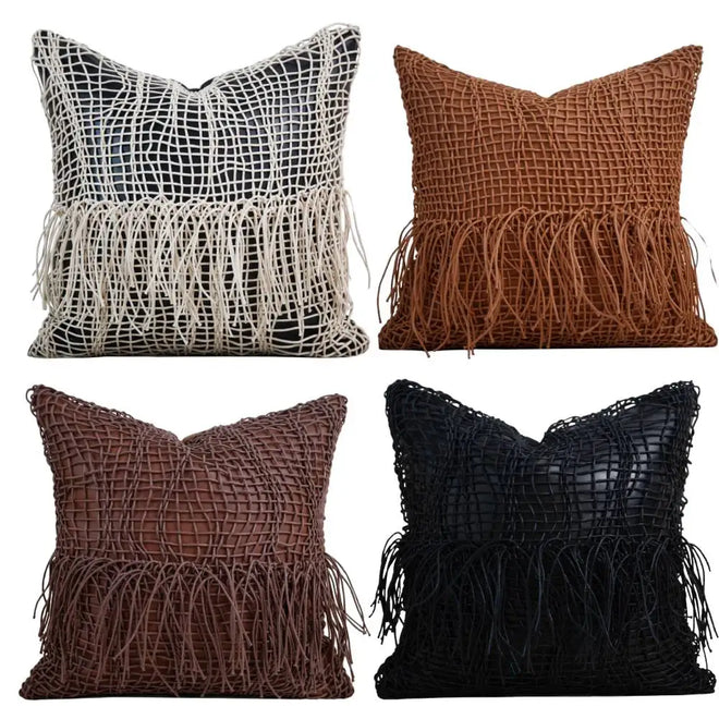 Suede Netting Fringed Throw Pillow Cover - The Finishing Touch Decor