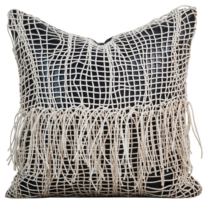 Suede Netting Fringed Throw Pillow Cover - The Finishing Touch Decor