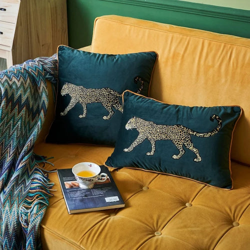 Embroidered Golden Leopard Green Velvet Throw Pillow Covers - The Finishing Touch Decor