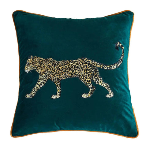 Embroidered Golden Leopard Green Velvet Throw Pillow Covers - The Finishing Touch Decor