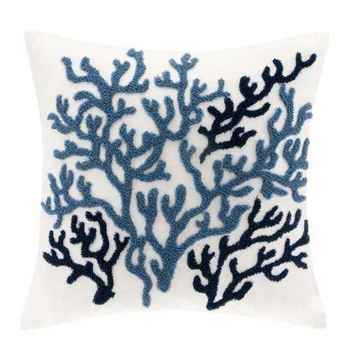 Coral embroidered beach coastal cottage throw pillow with textured fabric and decorative embroidery for a seaside-inspired decor.