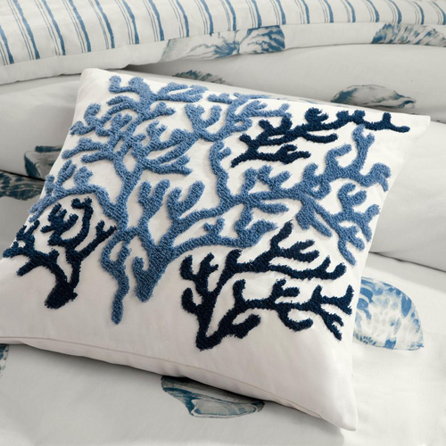 Coral embroidered beach coastal cottage throw pillow with decorative coastal design, soft fabric, and textured embroidery for home decor.