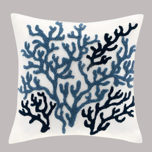 Coral embroidered beach coastal cottage throw pillow with textured fabric and decorative coastal-inspired design by The Finishing Touch Decor