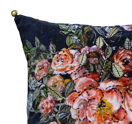 Painted Rose Pattern Black Velvet Throw Pillow - The Finishing Touch Decor