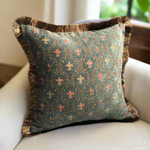 Chenille Woven Fleur de Lis Dark Green Throw Pillow Cover - The Finishing Touch Decor