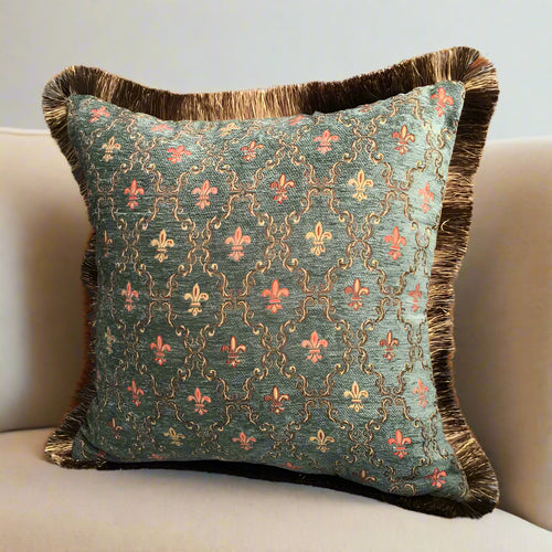 Chenille Woven Fleur de Lis Dark Green Throw Pillow Cover - The Finishing Touch Decor
