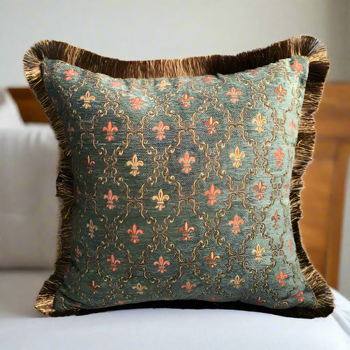 Chenille Woven Fleur de Lis Dark Green Throw Pillow Cover - The Finishing Touch Decor