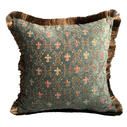 Chenille Woven Fleur de Lis Dark Green Throw Pillow Cover - The Finishing Touch Decor