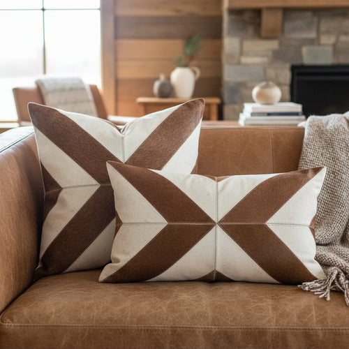 Premium Sofa Throw Pillow Cover – Beige & Black Cowhide Leather Patchwork Cushion Case, Elegant Decorative Accent Pillow