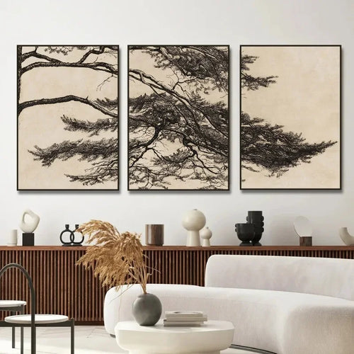 Japandi Pine Tree Branch Canvas Sketch Wall Art Prints - The Finishing Touch Decor