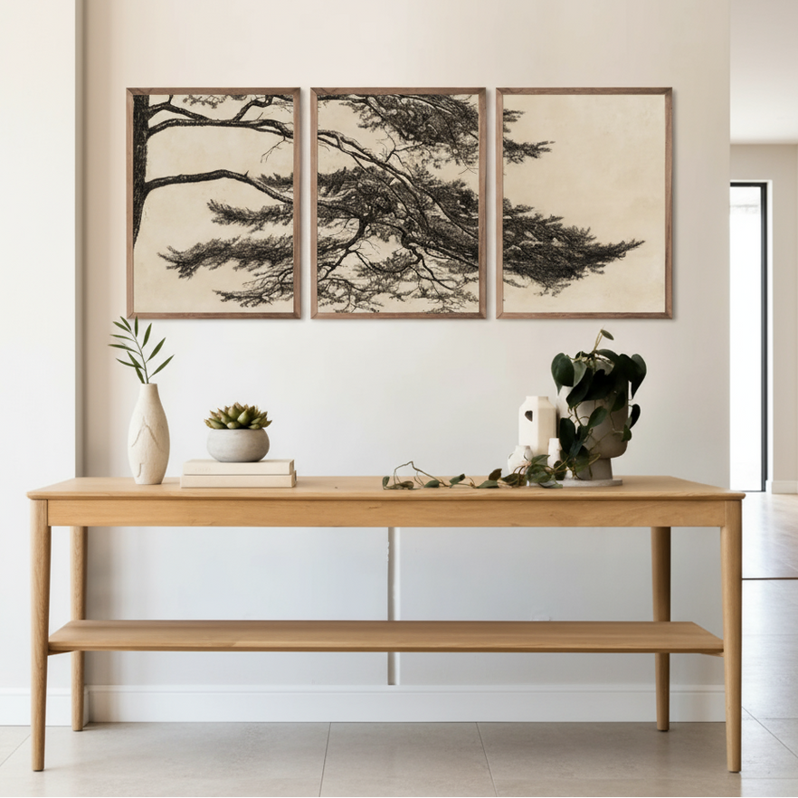 Japandi Pine Tree Branch Canvas Sketch Wall Art Prints - The Finishing Touch Decor