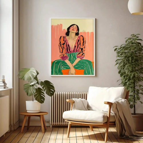 Living room with a colorful painting of a woman on the wall, a white sofa, and potted plants.
