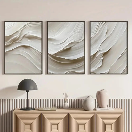 Wavy Wind Neutral Greige 3 pcs Minimalist Canvas Wall Art - The Finishing Touch Decor