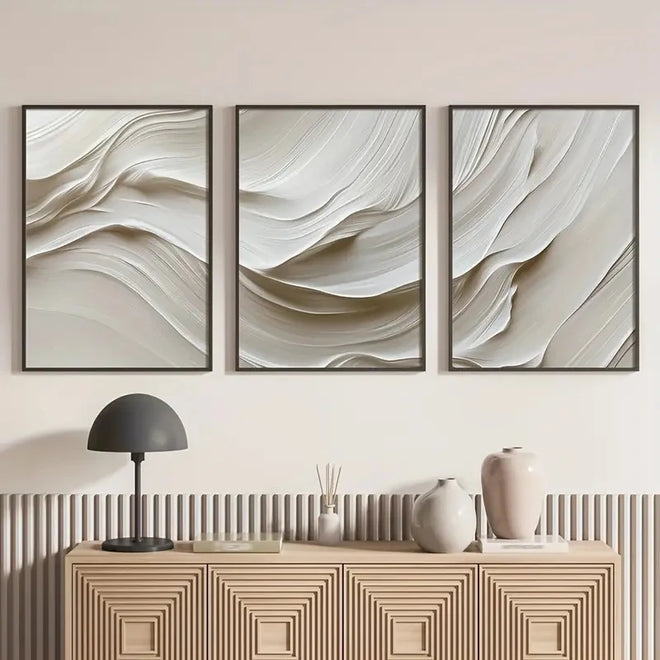 Wavy Wind Neutral Greige 3 pcs Minimalist Canvas Wall Art - The Finishing Touch Decor