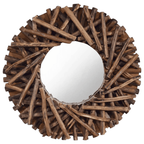 Teak Wood Matchstick Round Wall Mirror 15.7" - The Finishing Touch Decor