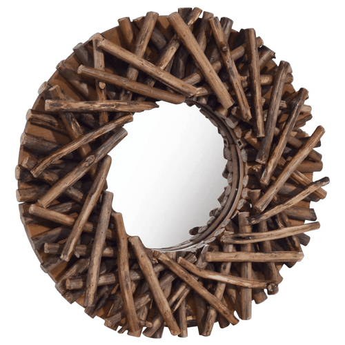 Teak Wood Matchstick Round Wall Mirror 15.7" - The Finishing Touch Decor