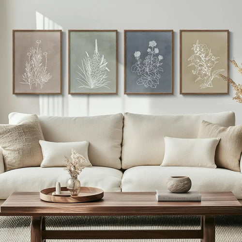 Boho Framed Botanical Wall Art For Living Room, 4 Piece Rustic Flower Painting Canvas Artwork For Modern Farmhouse,customizable - The Finishing Touch Decor