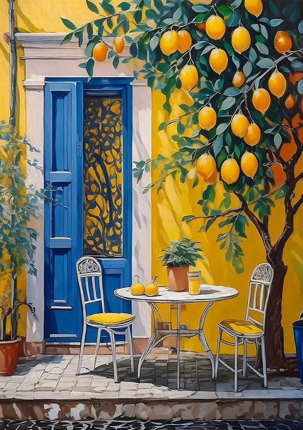 Retro lemon garden canvas wall art print by The Finishing Touch Decor, featuring vibrant lemon and greenery design.