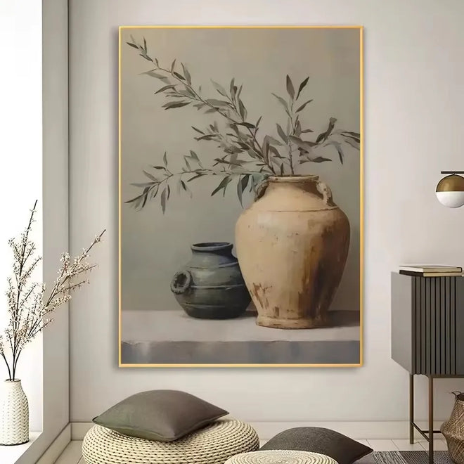 Neutral canvas wall art print featuring terracotta pottery design, ideal for home decor by The Finishing Touch Decor.