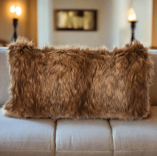 Large Faux Wolf Fur Rustic Farmhouse Full Throw Pillow -14x26 - The Finishing Touch Decor
