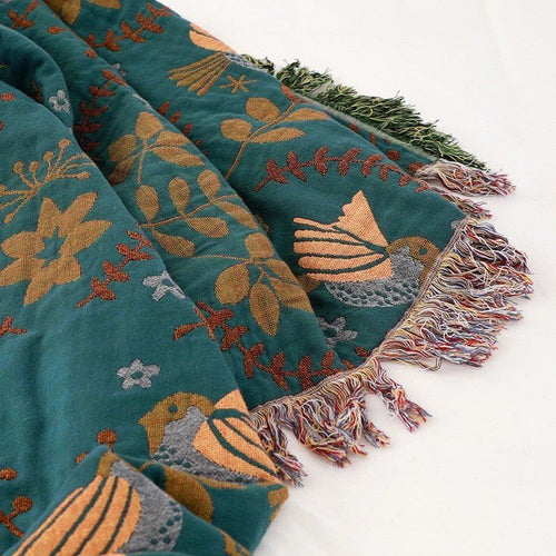 Colorful Bird Motif Cotton Muslin Gauze Fringed Bedspread - The Finishing Touch Decor