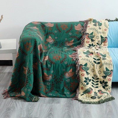 Colorful Bird Motif Cotton Muslin Gauze Fringed Bedspread - The Finishing Touch Decor