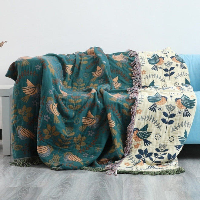Colorful Bird Motif Cotton Muslin Gauze Fringed Bedspread - The Finishing Touch Decor