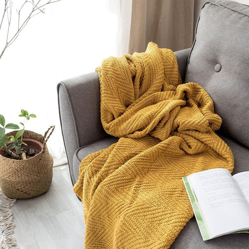 Saffron Yellow Knit Large Throw Blanket with Tassels - The Finishing Touch Decor