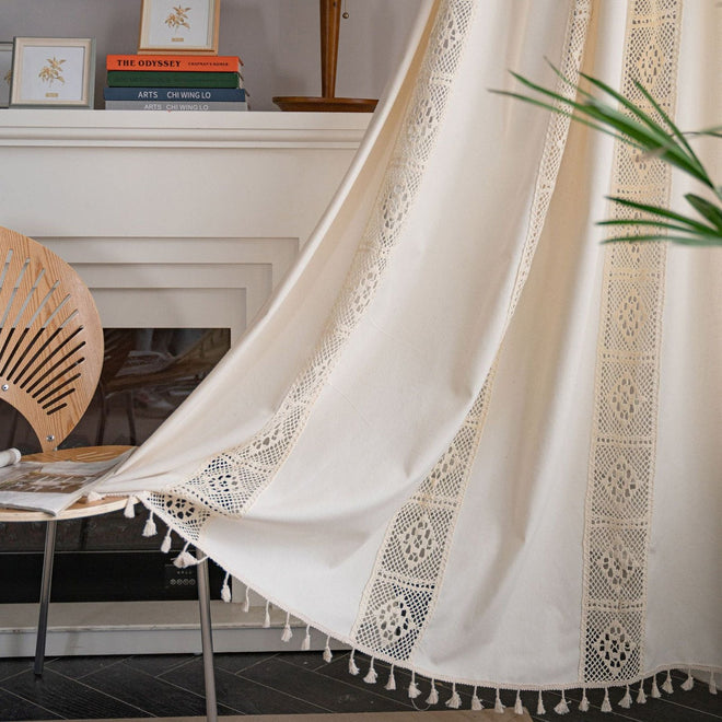 Crocheted Sheer Cream Cotton Boho Tasseled Curtains - The Finishing Touch Decor