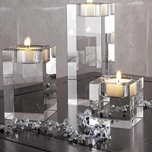 Crystal Clear Solid Glass Romantic Square Cube Candle Holder - 1 or 3pcs - The Finishing Touch Decor
