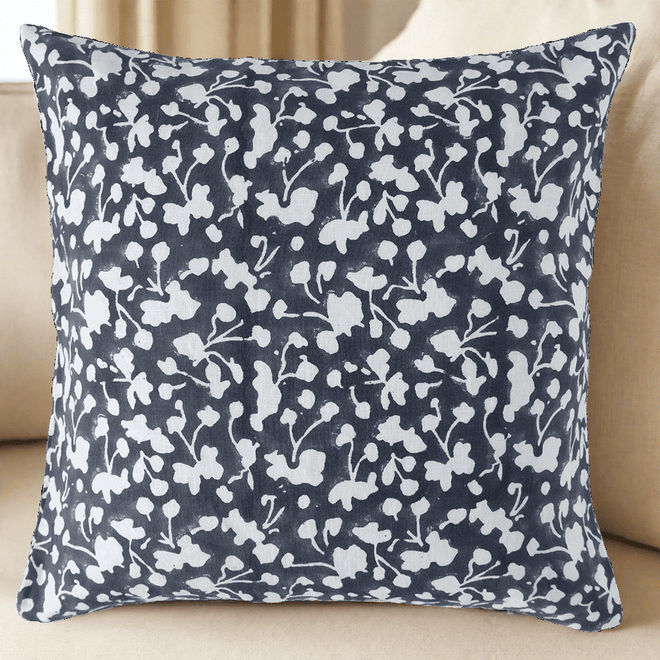 Midnight Linen Floral Hand-Printed Throw Pillow Covers - The Finishing Touch Decor
