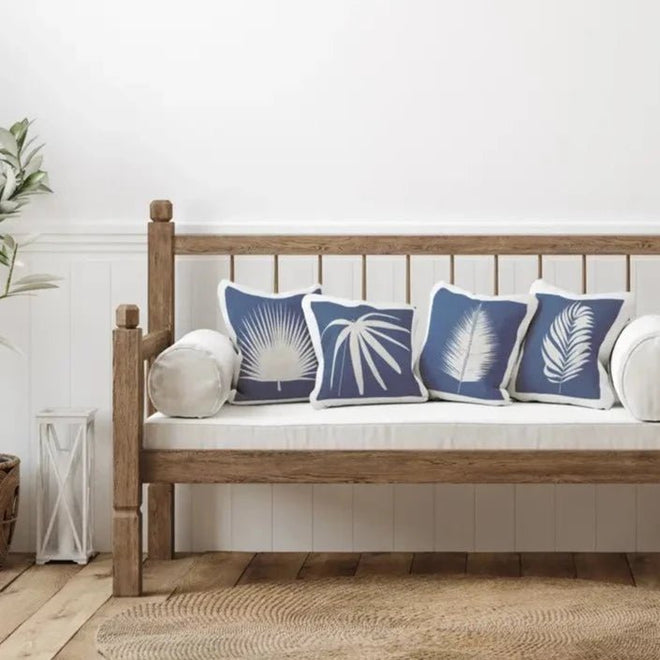 Blue & White 18" Palm Leaf Print Full Throw Pillow Set of 4 - The Finishing Touch Decor
