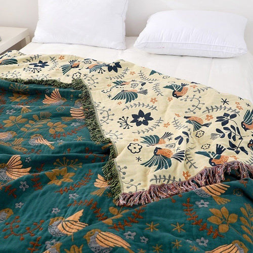 Colorful Bird Motif Cotton Muslin Gauze Fringed Bedspread - The Finishing Touch Decor