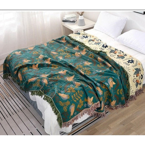 Colorful Bird Motif Cotton Muslin Gauze Fringed Bedspread - The Finishing Touch Decor