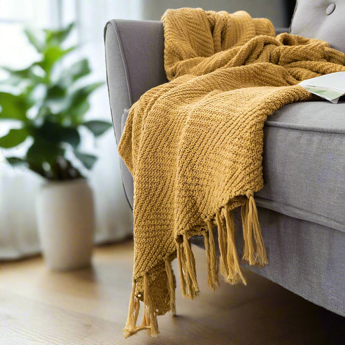 Saffron Yellow Knit Large Throw Blanket with Tassels - The Finishing Touch Decor