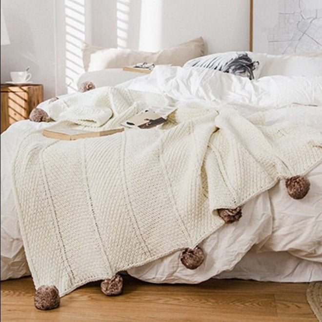 Chunky Knit Faux Fur Pompom Chenille Throw Blanket - The Finishing Touch Decor