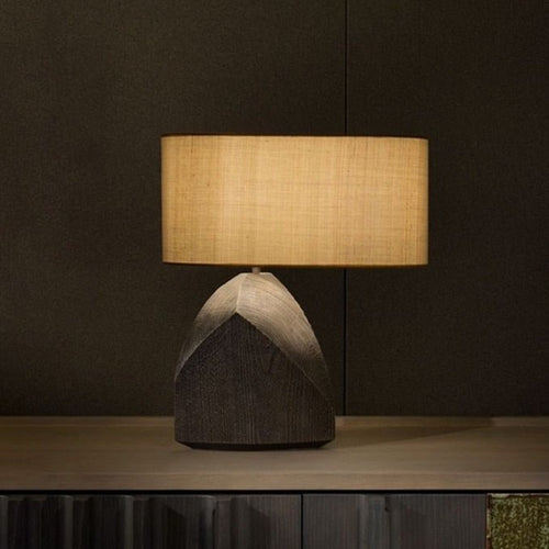Dark Japandi woodgrain resin table lamp with minimalist design and button switch, by The Finishing Touch Decor, LLC.