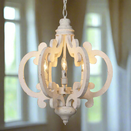 French Cottage Distressed White Wood Chandelier Lighting - The Finishing Touch Decor