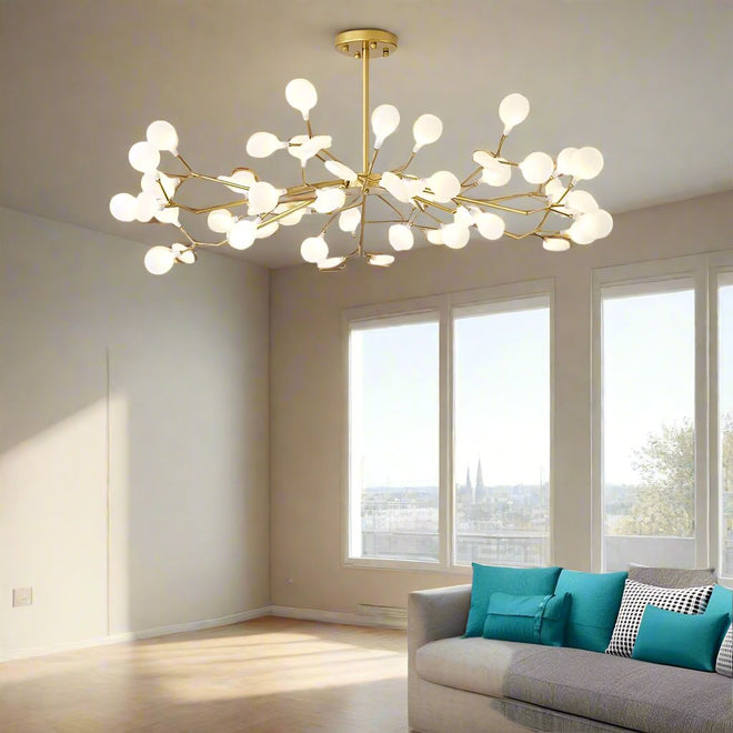 Golden Branch Glass Lollipop Chandelier Lighting with frosted glass shades and warm white bulbs, by The Finishing Touch Decor.