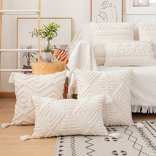 Neutral Ivory Linen Tufted Shams Geometric Pattern Nordic Throw Pillow Covers - The Finishing Touch Decor