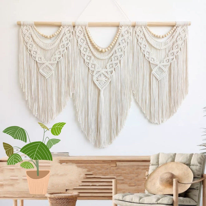 Draped Macrame Handwoven Bohemian Cotton Tapestry - Includes Stick - The Finishing Touch Decor