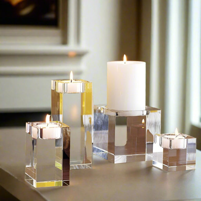 Crystal Clear Solid Glass Romantic Square Cube Candle Holder - 1 or 3pcs - The Finishing Touch Decor